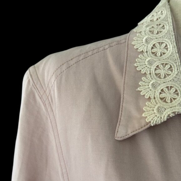 KRIZIA Designer Tailored Sheath Shirt Dress Pink Lace Collar Short Sleeve Sz 14 - Picture 5 of 16